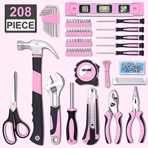 208-Piece Pink Tool Kit for Women - Home DIY Project Set with Pouch - Image 2